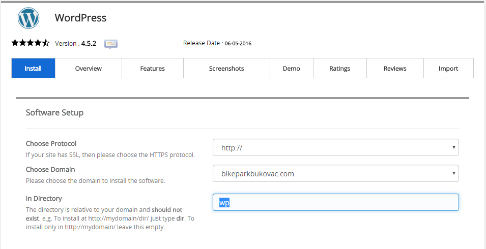 Softaculous slika 4 wordpress site settings