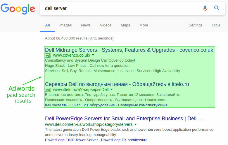 Adwords search results