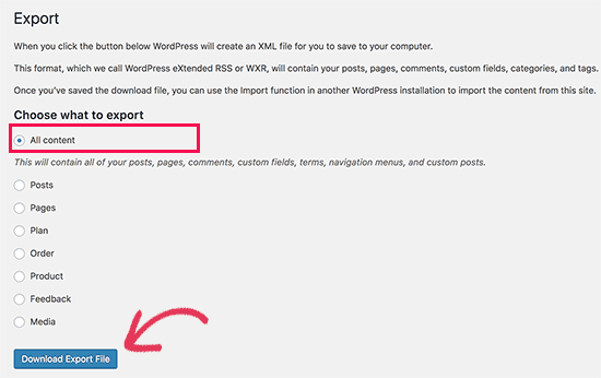 export wordpress to new