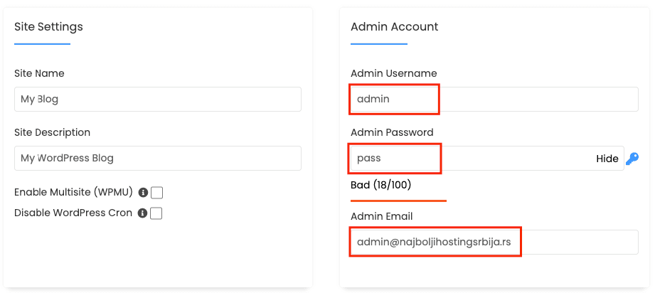 wordpress installation directadmin